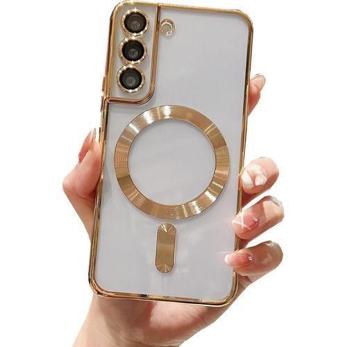 Galaxy S21+ Plus Case Magnetic Support Magsafe Charger Wireless Anti-Scratch Shockproof Plated Bumper Clear Full Camera Protection Slim Phone Cover Case for Samsung Galaxy S21+ Plus-Gold