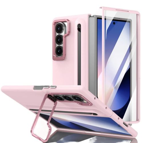 Galaxy Z Fold 5 Premium Slim Hard PC Case with Built-In Stylus, Foldable Camera Stand, and HD Front Display Protector – Stylish Pink Protection