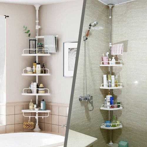Telescopic Multi-Corner Shelf 4-Tier Adjustable Bathroom and Kitchen Storage Organizer Rack – Space Saving Rotatable Shower Shelf for Home, Balcony, and Laundry Use