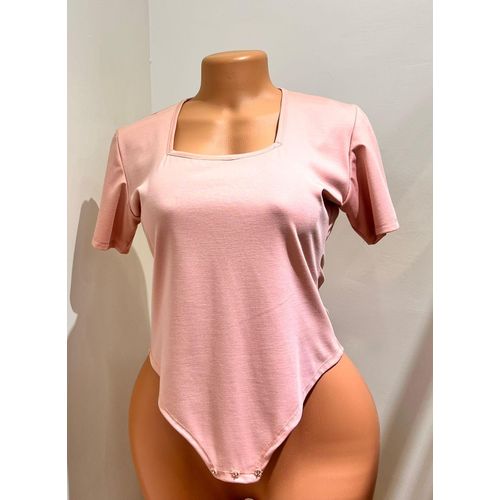 Womens Pink Short Sleeve Bodysuit Square Neck Casual Bodysuit