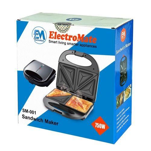 Em ElectroMate Sandwich Maker 2-Slice Non-Stick 750W Toaster Black (1YR WRTY)