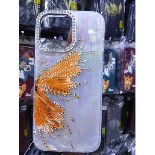Luxury Marble Butterfly Rhinestone Glitter Case for iPhone 14 Pro Max – Modern Executive Clear Silicone Protective Cover – Orange Edition