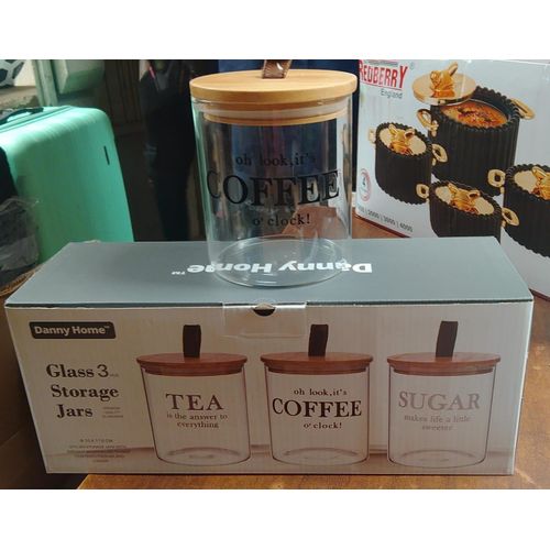 3-Piece Glass Storage Jar Set 500ml Kitchen Canisters for Tea Coffee Sugar with Acacia Wood Lids