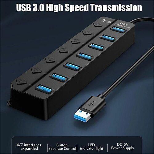 USB 3.0 7-Port Hub – High-Speed Data Transfer with Power Switches & LED Indicators
