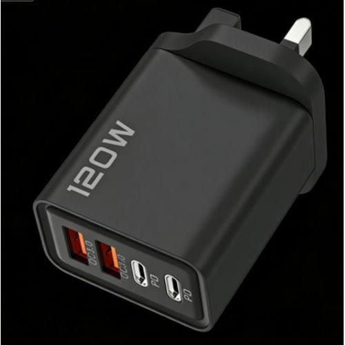 UK Plug 120W Fast Charger - 2 USB Ports 2 Universal Android Ports