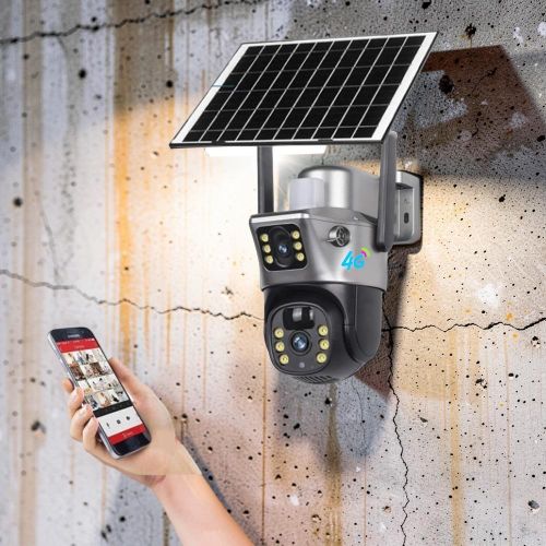 Android/Ios Support Two Lenses Cameras Auto Human Tracking Cloud Storage Support V380 Pro App 12MP 4G PTZ Rotating Dual Lens Full-Color 24/7 Colored Night Vision Outdoor Security Solar Camera