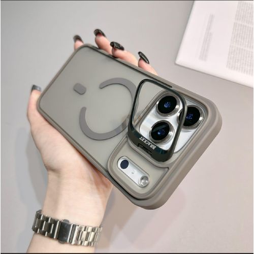 VOFATA For iPhone 17 Pro Max Transparent Magnetic Smiley Face Case with Camera Lens Protector and Kickstand – Strong MagSafe Connection, Shockproof Protection, and 9H Tempered Glass Camera Cover – Gray