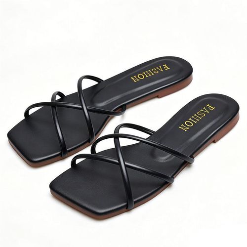 Slide Sandals Shoes Women Casual Daily Beach Flat Sandals Shopping Faux Leather Non-slip Crisscross Straps Square Toe Footwear Black