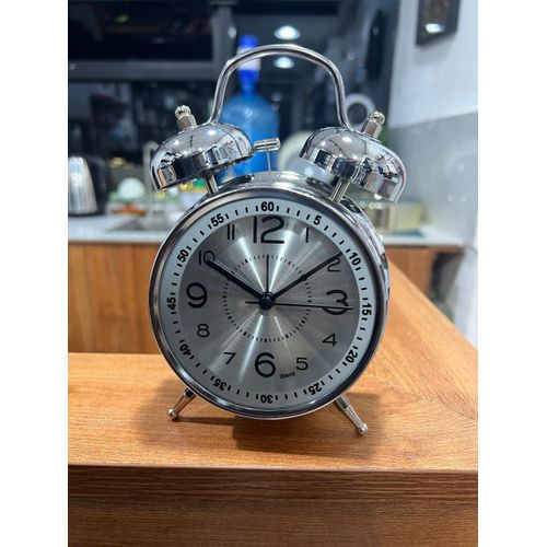 Big Twin Bell Desktop Alarm Clock Silver Metallic Mechanical Hammer, Loud Alarm Non Ticking Silent Nightlight Table Clock