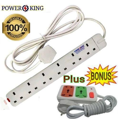 Power King High Quality Electronic 6 Way Power Outlet Extension Socket with Long Cable For All Electrical Devices + FREE 2 Way Power Extension