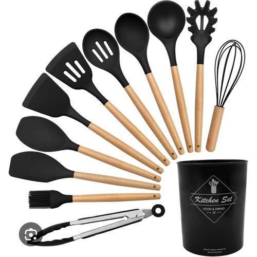 Silicone Kitchen Cookware Spoon Utensil Set 11pcs with Wooden Handle and Storage Tin Heat Resistant Nonstick Cooking Tools for Mixing Stirring Serving and More black and grey