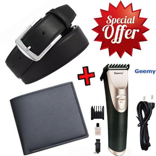 Elegant Black Leather Automatic Buckle Belt For Men's Official Use - Black+Wallet + Rechargeable Hair Clipper....