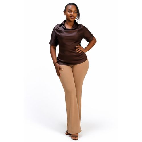 Womens Satin Cowl Neck Short Sleeve Blouse Dark Brown