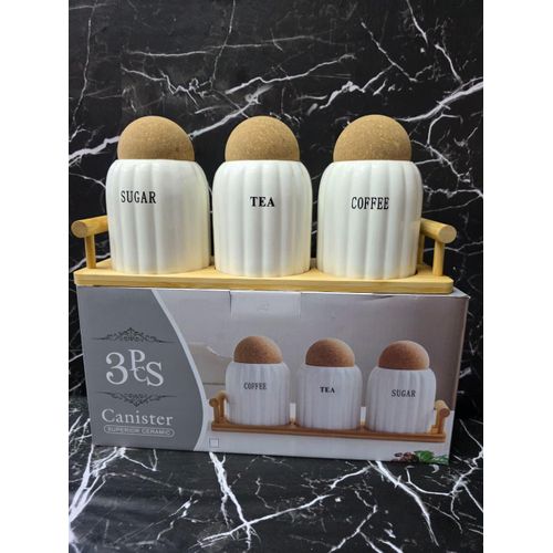 4-Piece Heavy-Quality White Rimmed Ceramic Canister Set with Bamboo Lids