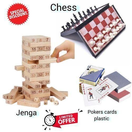Combination Set Offer Jenga Chess And Plastic Poker Cards