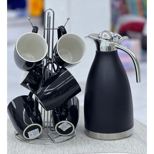 7-Piece Vacuum Flask With Mug Set and Stand – 2 Litre Insulated Hot & Cold Beverage Server With 6 Ceramic Cups
