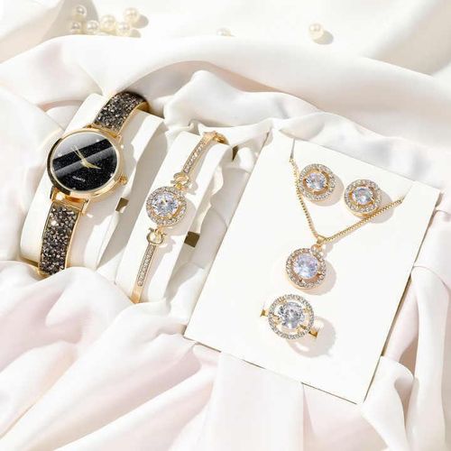 5pcs Ladies Watch Gift Set for Women Elegant Fashion Jewelry Accessories with Bracelet Necklace Ring Earrings Perfect Birthday Anniversary or Party Gift