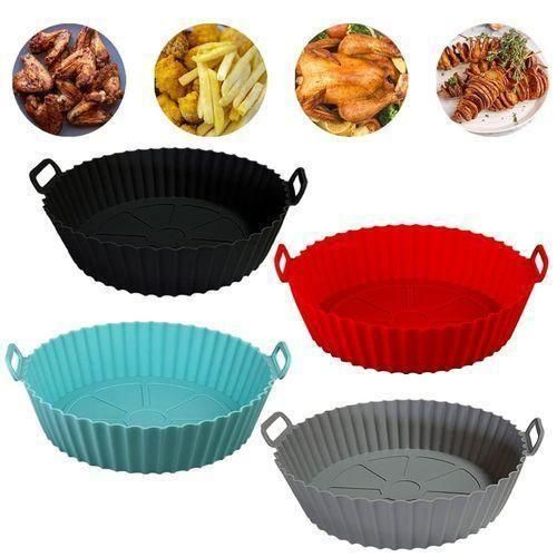 Air Fryer Liners Round Silicone Basket Baking Tray Pot with Ear Handles Nonstick Reusable Heat Resistant Cooking Oven Insert Accessories - Multicolor