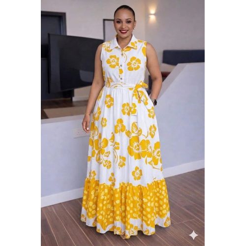Elegant Sleeveless Floral Maxi Dress White Yellow