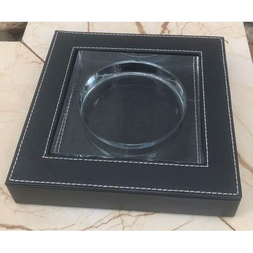 Luxury Black Leather & Glass Ashtray – 8.5cm Square Premium Ashtray for Men, Home Bar, Lounge & Gifts