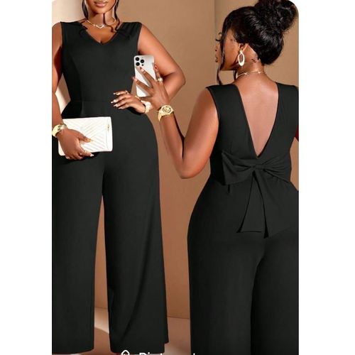 a black sleeveless wide-leg jumpsuit with a V-neck