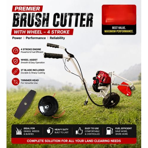 4-Stroke Brush Cutter with Wheels Heavy Duty Grass Trimmer, Weed Cutter & Bush Clearing Machine with Blade and Nylon Trimmer Head