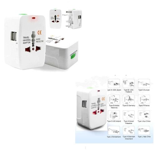 International Multiplug Travel Adapter 110v-240v with Dual 5V USB Charging & Surge Protector