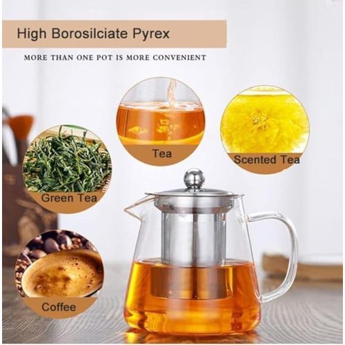 High Borosilicate Glass Teapot with Removable Stainless Steel Infuser, Stovetop & Microwave Safe