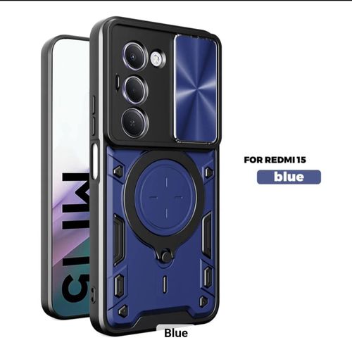 Premium Rotating Ring Kickstand Case for Redmi 15 4G – Heavy-Duty Armor Cover with Camera Slide Protection (Blue)