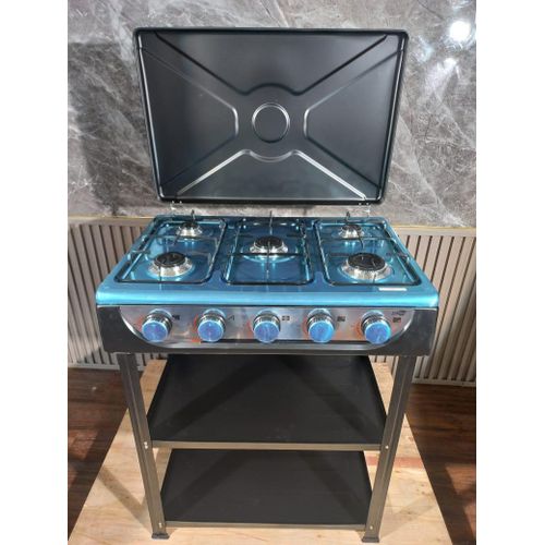 5 Burner Standing Cooker with Shelves Gas Oven Rotisserie Grill Pulse Ignition Stainless Steel Body