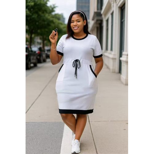 Womens Casual White Midi Dress with Contrast Trim Comfortable Everyday Wear