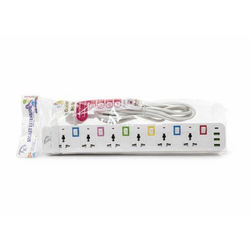 Heavy Duty 6-Way Extension Socket - White with USB Ports, Surge Protection, 5m Cable