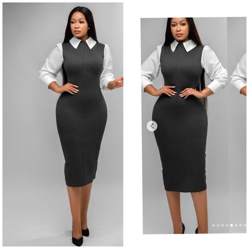Collared Stylish, Exquisite and Flattering Official Sheath Bodycon Dress - Grey (White Collars and Sleeves).