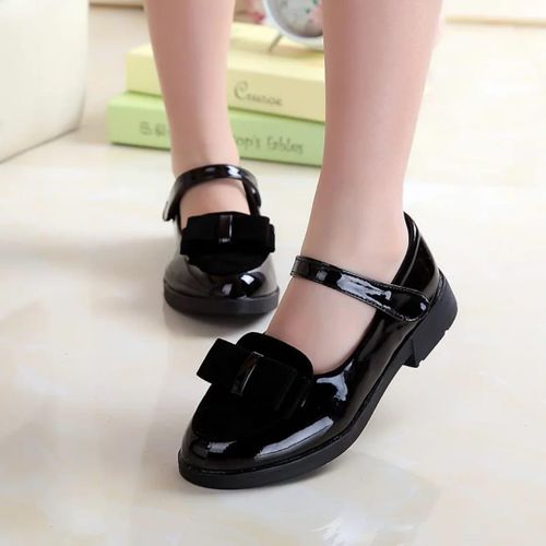 Kids Wetlook School Shoes Girls Doll Shoes BLACK