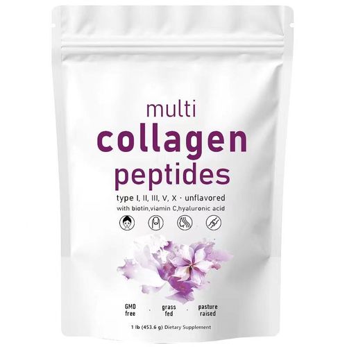 Multi Collagen Peptides 1lb (453.6g) Complete Youth Optimization Powder Hydrolyzed Type I II III V and X Matrix Blended With 10,000mcg Biotin For Advanced Cellular Vitality