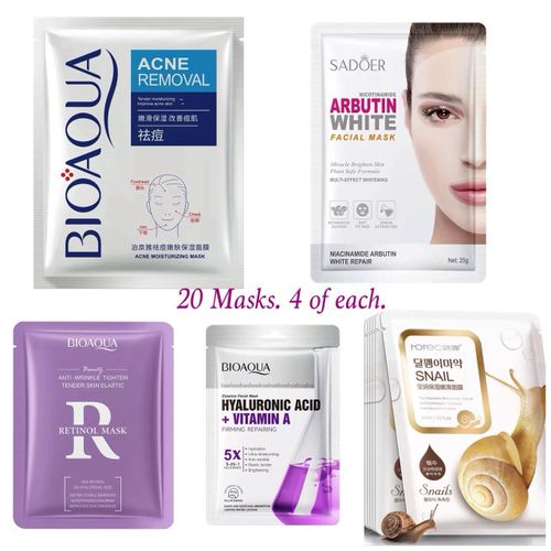 20 Masks - 4 Retinol 4 Snail Essence 4 Hyaluronic Acid Vitamin A 4 Acne Removal 4 Arbutin Brightening Masks