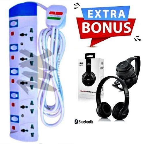 Power King Multi-Socket Power Strip – 5 Way Power Extension Efficient Charging Solution Reliable With Safety Switches + BONUS BLUETOOTH WIRELESS HEADPHONES