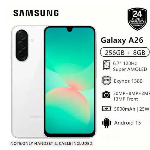 Galaxy A26 5G 256GB Storage 8GB RAM 67 120Hz Super AMOLED Display 50MP Triple Camera Android 15 Exynos 1380 IP67 Dust Water Resistant 5000mAh Battery 25W Type-C Fast Charging Premium Performance Smartphone - White