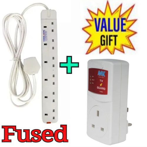 6 WAY POWER EXTENSION SOCKET 3M CABLE +FREE TV GUARD