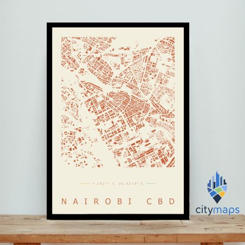 Nairobi Map Print, Black Carbon Fibre Framed Wall Art, Terracotta Urban Density Map, A4 / A3 / A2