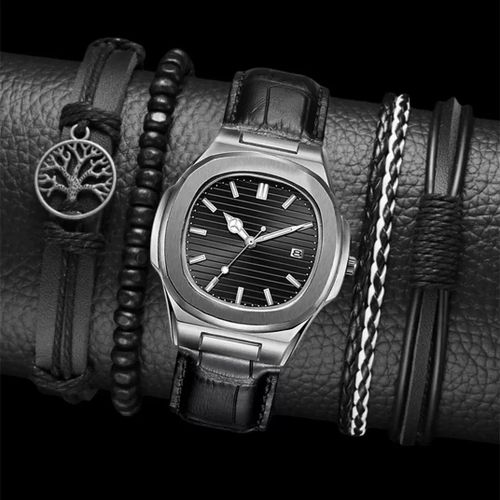 5 IN 1 Men's Alloy Quartz Watch + Bracelet - Black