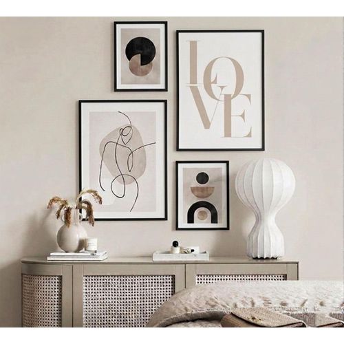 4-Piece Modern Neutral Wall Art Set With Glass. Ready To Hang Wooden Frames Black, White & Clear Wooden