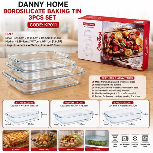 3pc Transparent set Glass Baking Dish,Borosilicate Glass,Oblong-Rectangular,Oven Dishwasher,Microwave,Air Fryer Safe,Large Casserole for Cookware,Bakeware