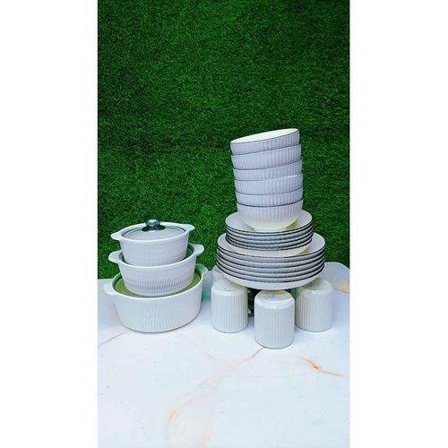 27-Piece Japanese Style Ceramic Dinnerware Set Ribbed White Finish