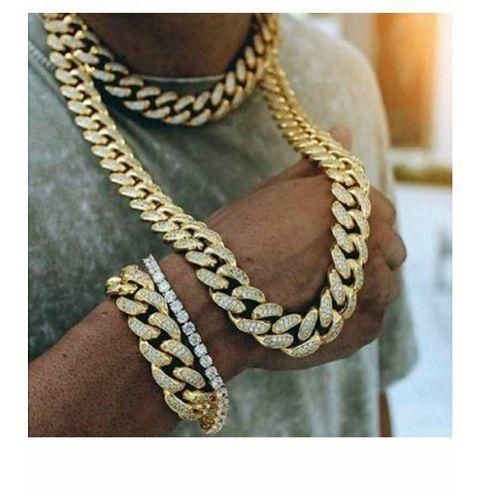 Iced Rhinestone Cuban Chain Necklace - Silver Stainless Steel - Unisex