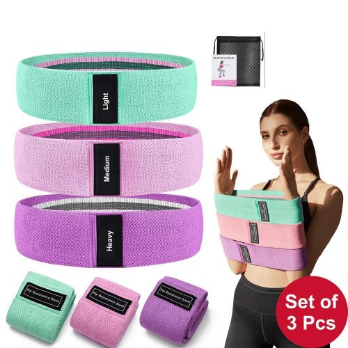 Resistance Loop Bands Set of 3 Pieces With Light, Medium and Heavy Resistance Level,Multi Colour,Material : Cotton,Resistance Band for Squats, Hip & Glute Workouts for Men & Women