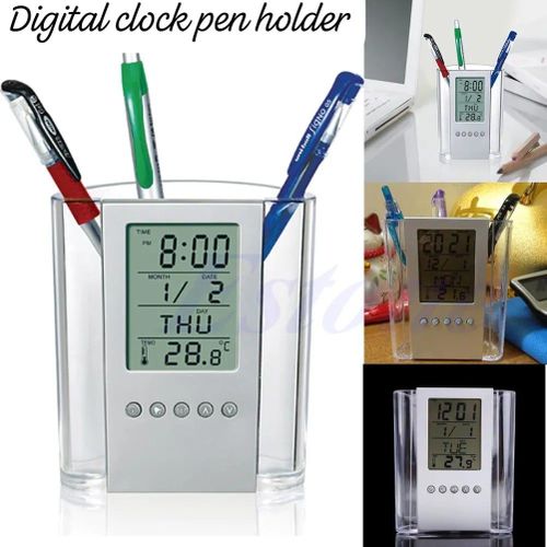 LCD Digital Alarm Clock Desk Pencil Pen Holder Organizer