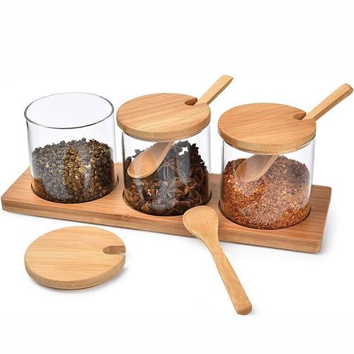 High quality 3in1 glass sugar set with bamboo stand lids and spoons