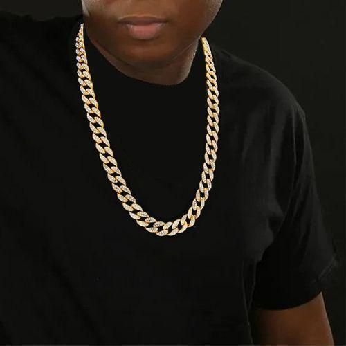 Rhinestone Cuban Chain Men's Necklace Bracelet Jewelry 61cm Gold