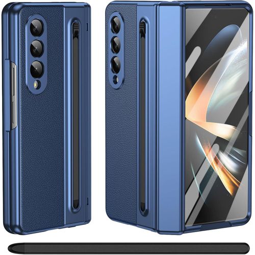 Luxury Foldino Leather Case for Samsung Galaxy Fold 4 with S Pen Slot, Hinge, Camera and Front Screen Protection - Blue Business Class Premium PU Cover